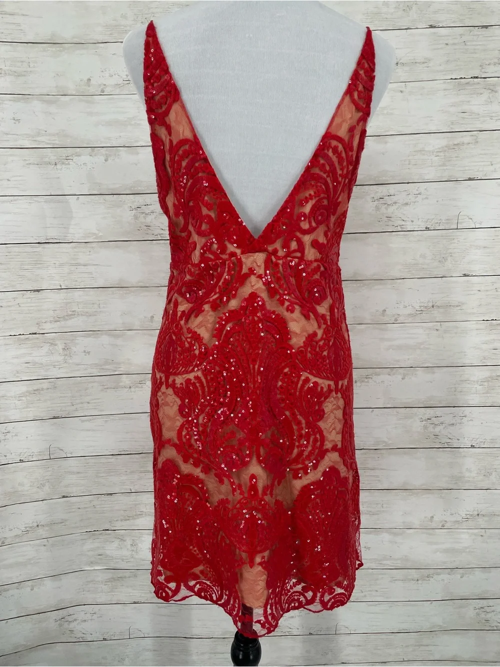 Free People Night Shimmers Red Sequin Lace Mini Slip Dress Size 12 NWT Deep V